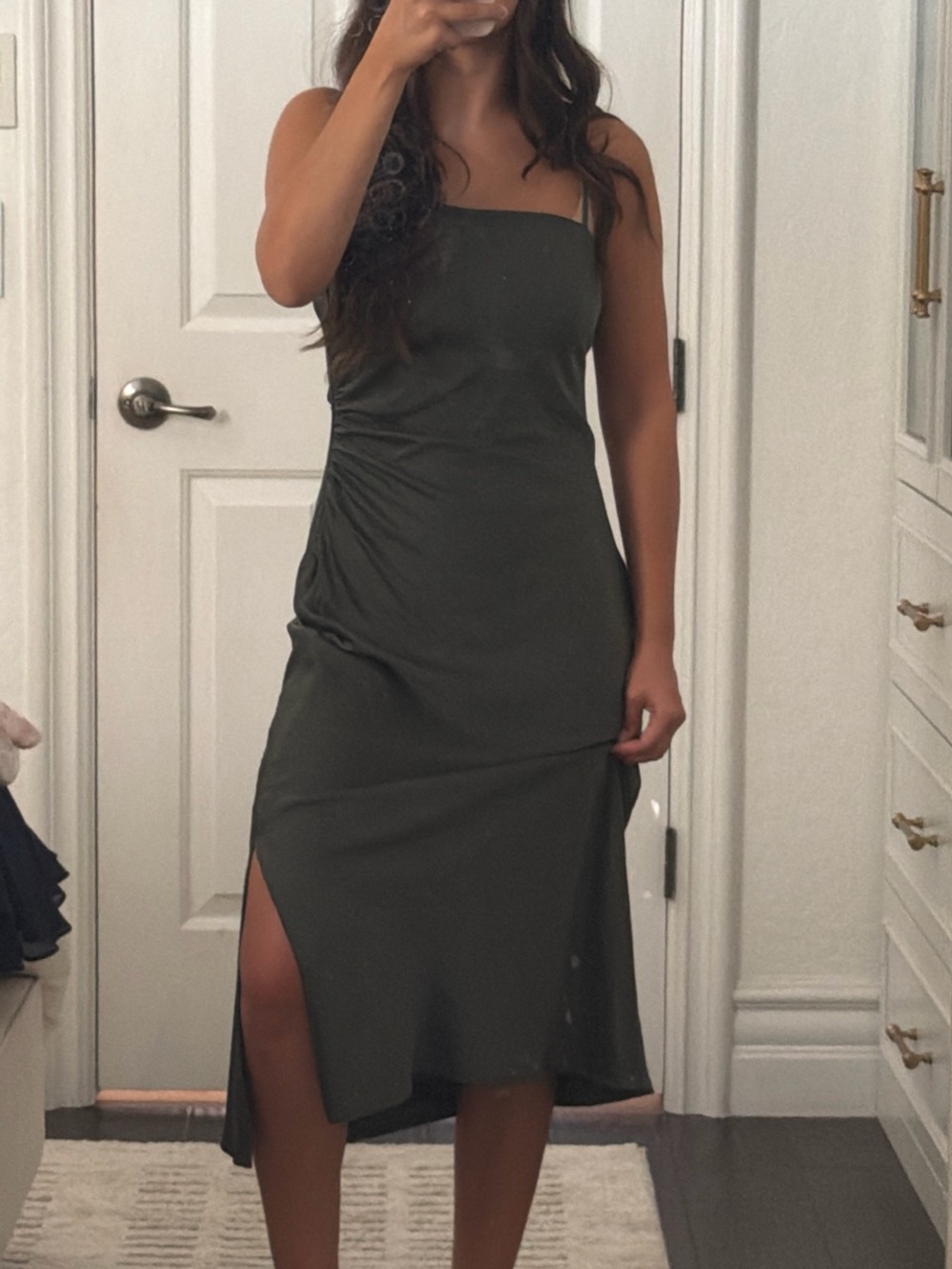 Zara Dark Olive Strapless Midi Dress with Side Ruching